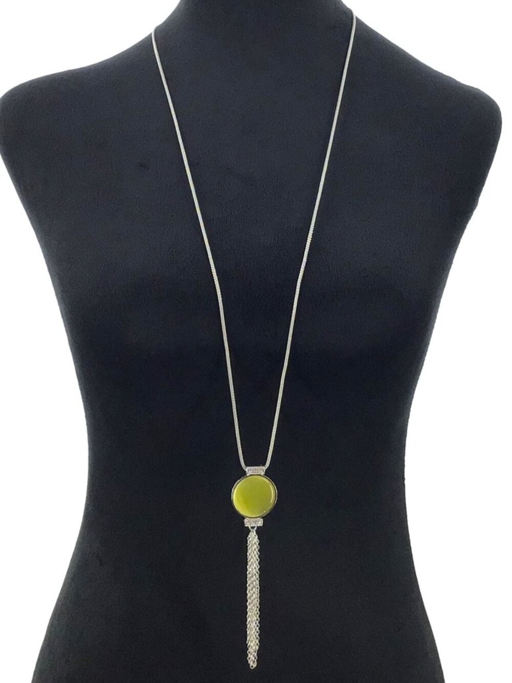 Long Necklace Green Pendant Silver Tone Tassel Crystal Accent Adjustable Length